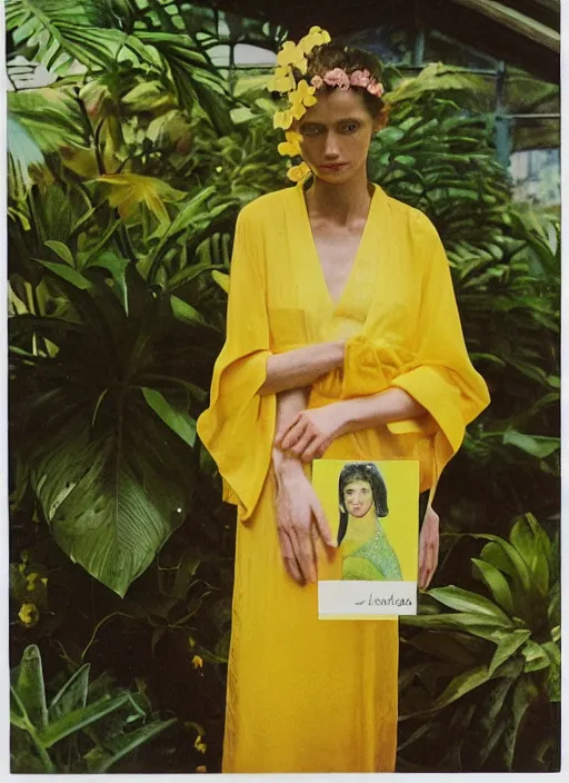 Image similar to grainy head to shoulder portrait Polaroid film photograph of an elegant top model wearing a yellow kimono in a tropical greenhouse. looking at the camera!!. super resolution. Extremely detailed. Polaroid 600 film. art by Rineke Dijkstraand Annie Leibovitz.