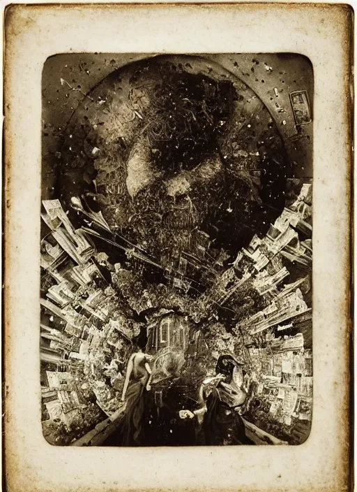 Image similar to old wetplate daguerreotype explosion of data fragments, fractal, intricate, elegant, highly detailed, parallax, leica, medium format, subsurface scattering, by jheronimus bosch and greg rutkowski and louis jacques mande daguerre