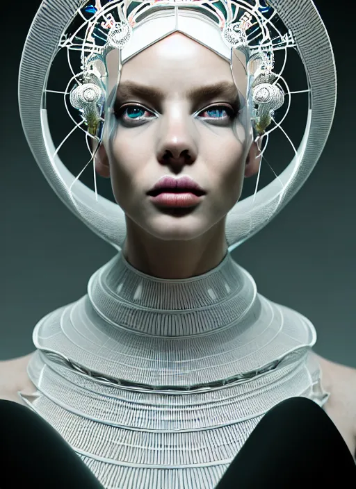 Image similar to portrait of an absurdly beautiful, graceful, sophisticated, fashionable futuristic woman, hyperdetailed illustration by irakli nadar and alexandre ferra, intricate linework, white porcelain skin, faberge, neon headdress, dark atmosphere, unreal engine 5 highly rendered, global illumination, radiant light, detailed and intricate environment