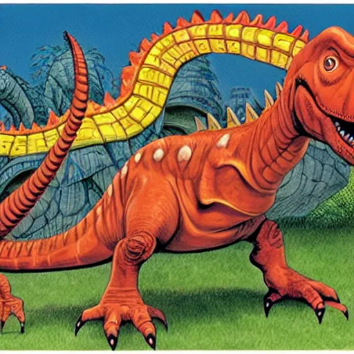 Prompt: dinosaur train, Joe Jusko, Alan Lee, George Costanza