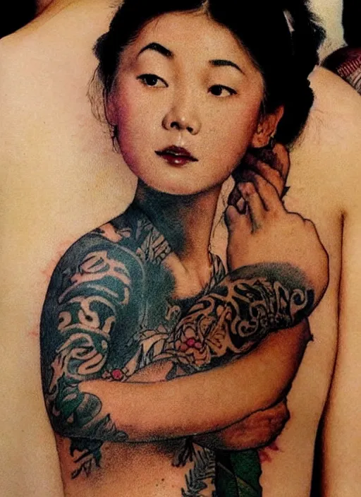 Image similar to a beautiful asian girl with a tattoo of a coconut tree on her body by Norman Rockwell