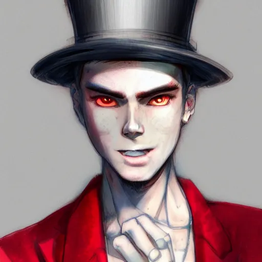 Prompt: semi realistic anime illustration of top hat wearing red haired man smoking a cigarette, with slight stubble, with beautiful hyperdetailed eyes, facing camera directly, full face portrait made by Stanley Artgerm, WLOP, Rossdraws, James Jean Andrei Riabovitchev, Marc Simonetti, Yoshitaka Amano, Artstation