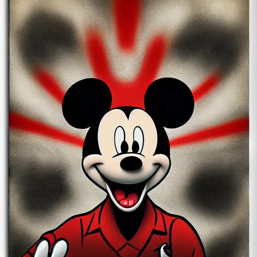 Image similar to mickey mouse art work. ww 2 propaganda poster. dark, hyper realistic by hr giger