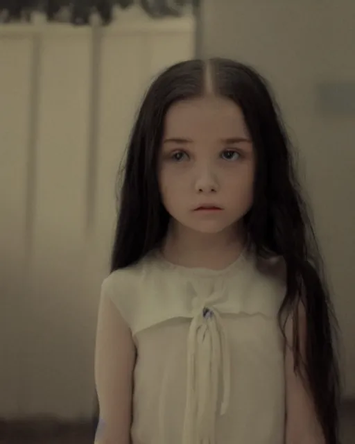 Image similar to Film still of the Little girl from the movie Ring, white skin, long black hair