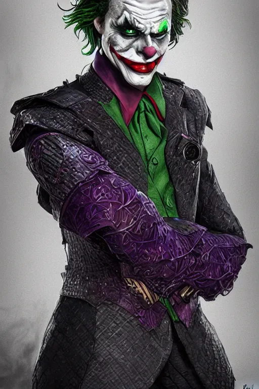 Image similar to Joker wearing armor, artstation, highly detailed, highly realistic