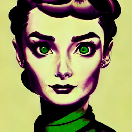 Prompt: in the style of joshua middleton, artgerm, beautiful audrey hepburn, steampunk, bioshock, purple and green top, elegant pose, middle shot, spooky, symmetrical face symmetrical eyes, three point lighting, detailed realistic eyes, short neck, insanely detailed and intricate elegant