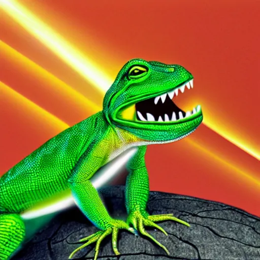 Image similar to president trump is a smiling laughing bright green lizard person, airbrush painting, epic scale, lens flare, glittering popsicle, hyper detailed, 8 k.