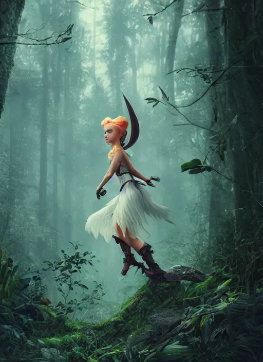 Image similar to evil tinker bell flying in an enchanted forest, flawless symmetrical pretty cute face, greg rutkowski, 8 k, shallow depth of field, intricate detail, concept art,