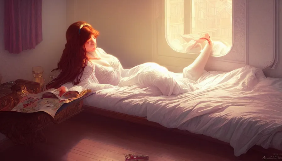 Prompt: small and cosy student bedroom, girl in bed, intricate, elegant, highly detailed, digital painting, artstation, concept art, smooth, sharp focus, illustration, art by artgerm and greg rutkowski and alphonse mucha, 8 k