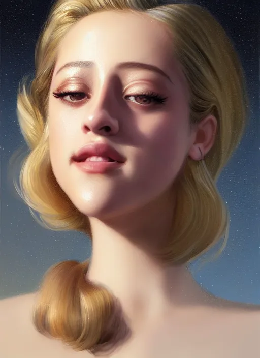 Prompt: portrait of lili reinhart with fluffy bangs, smiling kindly, bangs, 1 9 6 0 s, ponytail, curly bangs and ponytail, rounder face, intricate, elegant, glowing lights, highly detailed, digital painting, artstation, concept art, smooth, sharp focus, illustration, art by wlop, mars ravelo and greg rutkowski