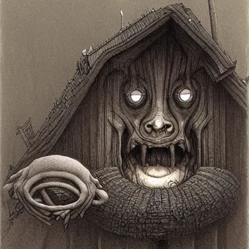 Image similar to the goblin that lives under my house, by john kenn mortensen and zdizslaw beksinski