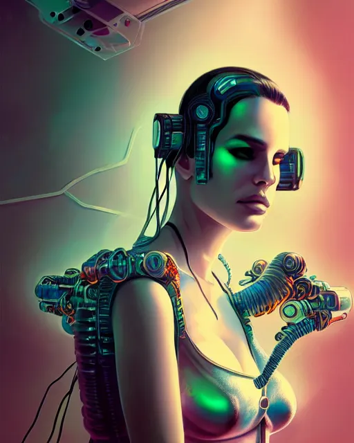 Image similar to portrait of lana del rey as a cyberpunk cyborg. roses, sci - fi, intricate abstract upper body intricate artwork, by tooth wu, wlop, beeple, dan mumford. concept art, octane render, deviantart, greg rutkowski, cinematic arthouse, key art, hyper realism, iridescent accents