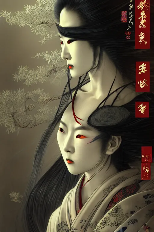 Image similar to beautiful Ukiyo-e and black magic and japanese and geisha female ninja portrait+shiny eyes+light flowing hair, in cyberpunk ruin tokyo temple, ultradetail face, art and illustration by tian zi and craig mullins and WLOP and alphonse mucha, fantasy, intricate complexity, human structure, fantasy world concept, watermark, blurry, hyperrealism 8k