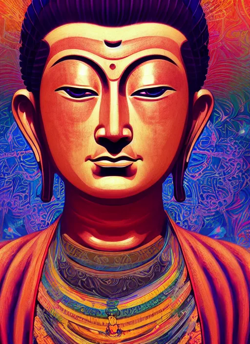 Prompt: portrait of a psychedelic buddha, digital painting masterpiece, advanced lighting technology, stylized yet realistic anatomy and face, gorgeous, by reiq and bengus and akiman and shigenori soejima and bastien vives and balak and michael sanlaville and jamie hewlett, 4 k wallpaper, cinematic, gorgeous brush strokes, coherent and smooth