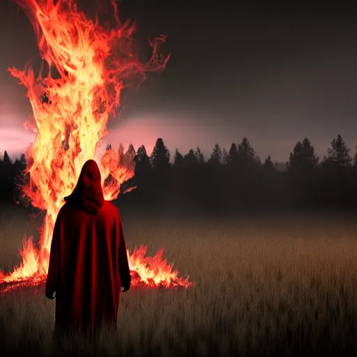 Image similar to feuer auf einer wiese. super realistic 8 k render of a dark hooded powerful elegant, cinematic composition