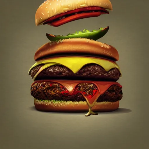 Prompt: a monster with a hamburger head, hamburger face, burger with human eyes in top bun, burger with a mouth, teeth between bread and patty, character concept art, fantasy, dnd, intricate, fantasy drawing, illustration, highly detailed, hyperrealistic, cgsociety, artstation, oil painting by greg rutkowski and david lynch