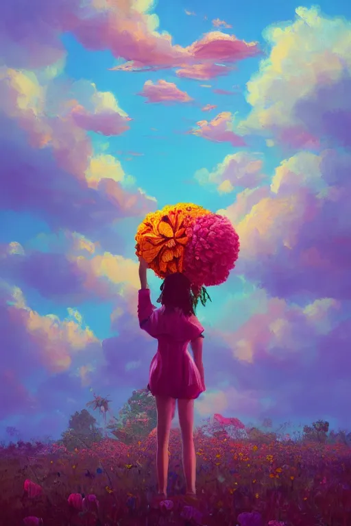 Image similar to closeup, giant flower as a head, girl surrounded by djungle, surreal photography, golden hour, colorful clouds, impressionist painting, digital painting, artstation, simon stalenhag