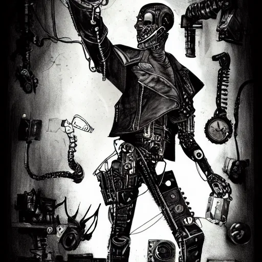 Image similar to cyborg male, slim, short hair, small scar on the chin, leather jacket with steampunk elements, one robotic arm and big shoes, book cover, deep shadows, by Dave McKean sketch lineart for character design