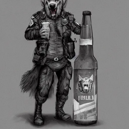 Image similar to a humanoid german shepherd beast - man in military style, holding a bottle of beer, artstation, concept art, smooth, sharp foccus ilustration, artstation