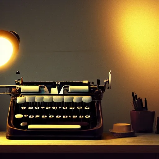 Image similar to painting of a typewriter on a desk in a dimly lit room, volumetric lighting, style of greg rutkowski