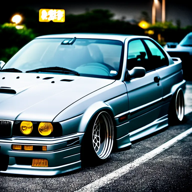 Image similar to close-up-photo BMW E36 turbo illegal meet, work-wheels, Gunma prefecture, middle of the night, cinematic color, photorealistic, high detailed deep dish wheels, highly detailed, custom headlights, neon underlighting