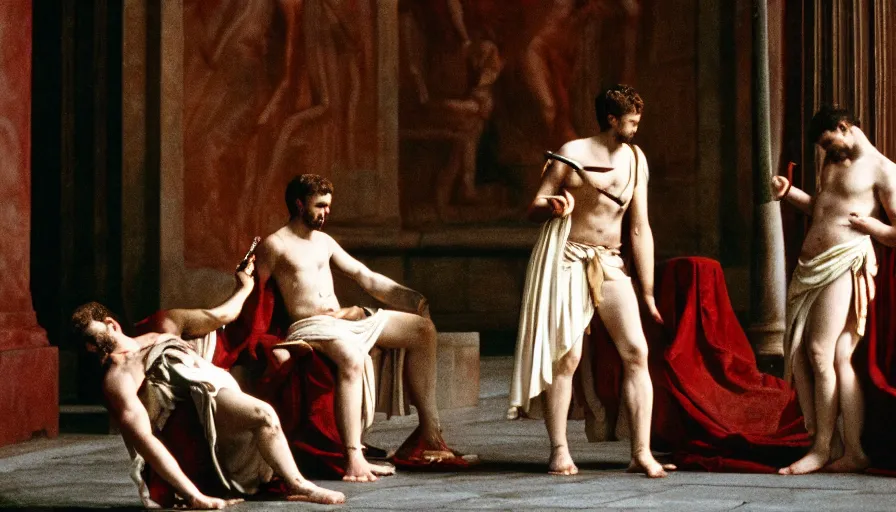 Prompt: movie still by of men murdering caligula with daggers in a neoclassical room, cinestill 8 0 0 t 3 5 mm, high quality, heavy grain, high detail, dramatic light, ultra wide lens, anamorphic, blood, bleeding