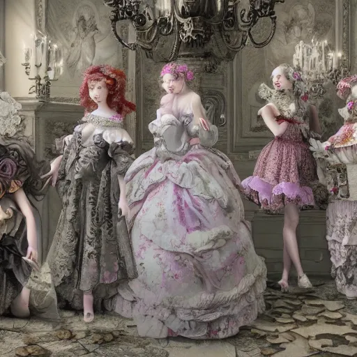 Prompt: 8k, realism, octane render, renaissance, rococo, baroque, group of creepy young ladies wearing renaissance long harajuku manga dress with flowers and skulls, background chaotic flowers