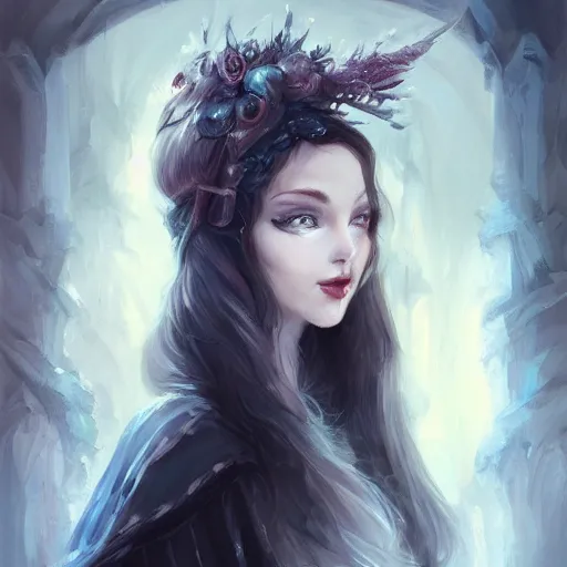 Image similar to beautiful girl, whimsical portrait, ice magic, dark hair, dark robe, intricate, elegant, highly detailed, cgsociety, trending on artstation, dnd, castle background, warm light, concept art, illustration