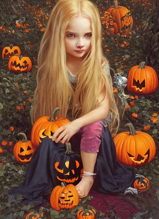 Image similar to a happy little girl with long straight golden blonde hair sitting amidst halloween decor, skulls and pumpkins. beautiful highly detailed face, beautiful painting by artgerm and greg rutkowski and alphonse mucha