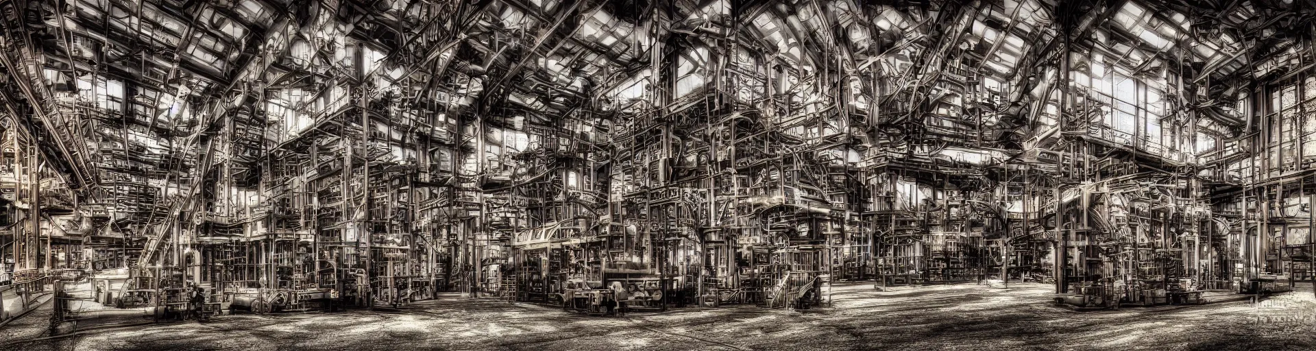 Image similar to an industrial age steam engine factory, color photography, digital art