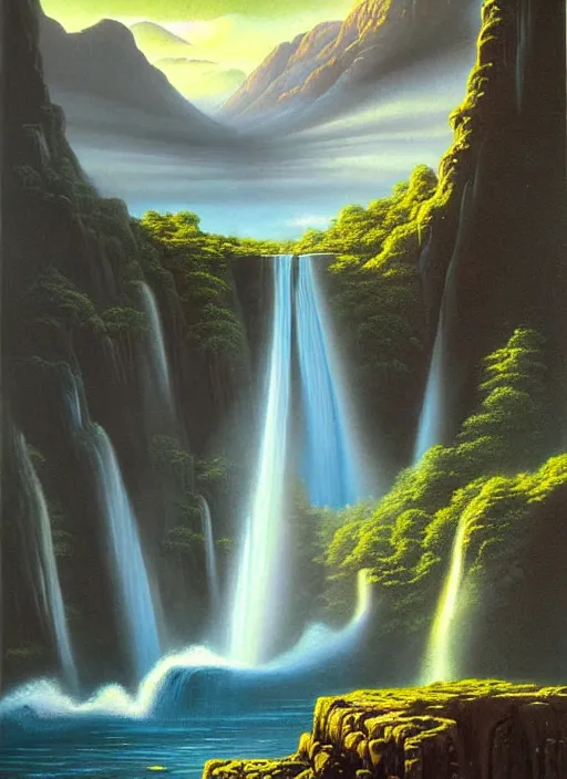 Image similar to a painting of a waterfall and a lake surrounded by mountains, a detailed matte painting by david a. hardy, featured on cgsociety, fantasy art, matte painting, 2 d game art, concept art