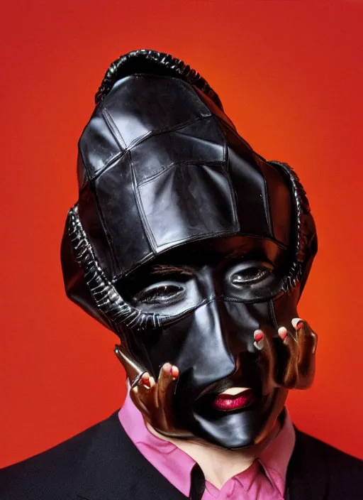 Image similar to a fashion portrait photograph by david lachapelle of a man wearing a leather mask designed by joseph albers, 3 5 mm, color film camera, studio lighting, pentax