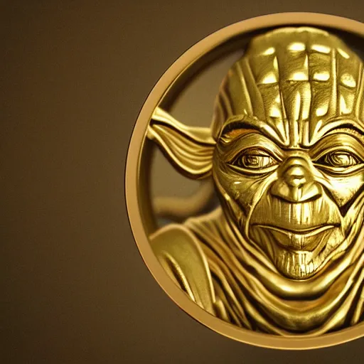 Image similar to An ancient gold coin with the Yoda on it along with ancient writing and its value, cinematic, hyper realism, high detail, octane render, 8k