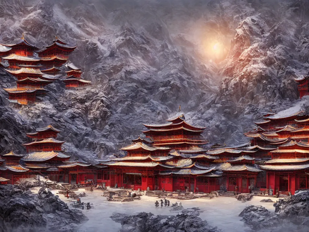 Prompt: shaolin monastery on snowy mountain, concept art, digital art, neon, 8 k, sad, yin yang, incandescent, cinematic lighting, ray tracing ambient occlusion, in a symbolic and meaningful style, insanely detailed and intricate, hypermaximalist, elegant, ornate, hyper realistic, super detailed