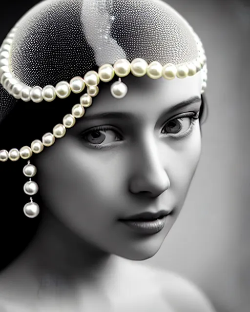 Image similar to black and white dreamy young beautiful veiled female artificial intelligence, realistic pearl ornament in the face, long hair are intricate with highly detailed realistic pearls, cinematic, rim light, bokeh, photo - realistic, elegant, high detail, 8 k, masterpiece, photo taken in 1 9 3 0