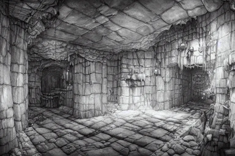 Image similar to black and white point perspective dungeon cozy fantasy dungeon You step into the biological room. The walls and floor are made out of salt that kinda smells like condensation trails. A flexible force of dwarfs guards the room. ,by artgerm and Craig Mullins, James Jean, Andrey Ryabovichev, Mark Simonetti and Peter Morbacher 16k