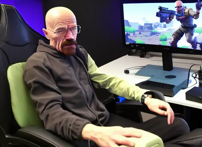 Prompt: realistic gamer walter white in real life on a gaming chair playing fortnite on his gamer pc