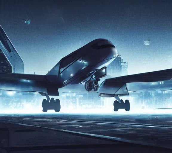 Image similar to futuristic sci fi jet lands at runway of cyberpunk city, night photo ,dark cinematic lighting , digital concept art