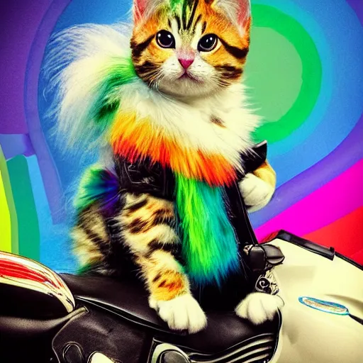 Image similar to wide angle full body, jacket wearing fluffy cute rainbow kitten wearing a black leather motorcycle jacket, riding on a motorcycle, cinematic concept art