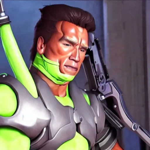 Image similar to a screenshot of arnold schwarzenegger as genji in overwatch, detailed, hyper realistic, award winning photo