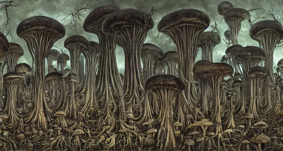 Prompt: A tribal village in a forest of giant mushrooms, by HR Giger