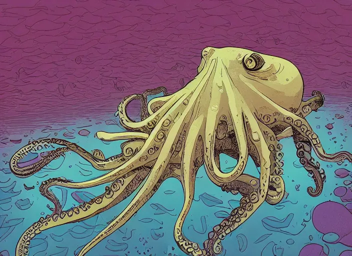 Image similar to a study of cell shaded cartoon of an octopus underwater, underwater photo, road, illustration, wide shot, subtle colors, post grunge, concept art by josan gonzales and wlop, by james jean, Victo ngai, David Rubín, Mike Mignola, Laurie Greasley, highly detailed, sharp focus, alien, Trending on Artstation, HQ, deviantart, art by artgem