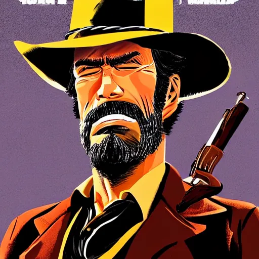 Image similar to a cowboy, with a trump hairstyle, in the style of red dead redemption, lucky luke, the good, the bad and the ugly, clint eastwood, steven seagal, bud spencer, donald trump, glory days, patriotism