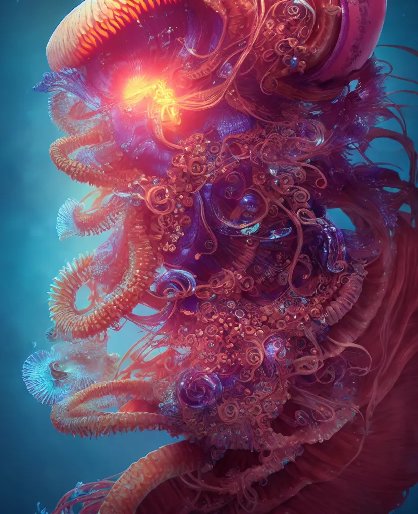 Image similar to goddess close-up portrait. chimera orchid jellyfish phoenix head, nautilus, skull, betta fish, bioluminiscent creatures, intricate artwork by Tooth Wu and wlop and beeple. octane render, trending on artstation, greg rutkowski very coherent symmetrical artwork. cinematic, hyper realism, high detail, octane render, 8k