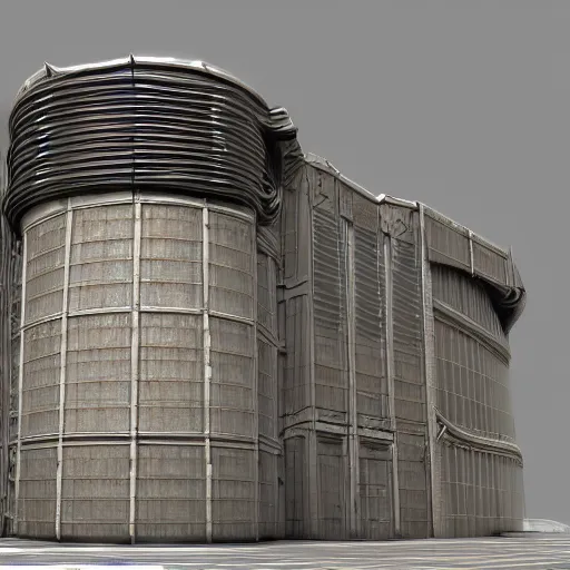 Prompt: 3 d sculpted model of scifi cylindrical bulbous industrial building facade by moebius, mass effect, starship troopers, elysium, prometheus, the expanse, high tech industrial, artstation unreal, unity, maya, houdini