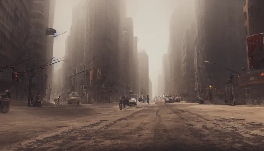 Image similar to new - york city streets under tons of sand during sandstorm, people fleeing, hyperdetailed, artstation, cgsociety, 8 k