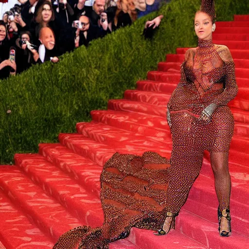 Prompt: rihanna on the met gala red carpet wearing a gown inspired by scooby doo