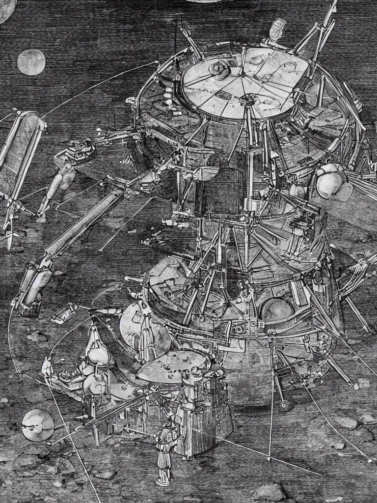 Image similar to Illustrated mechanical diagram of a Apollo Moon Lander on paper by Leonardo da Vinci, hyper realistic, high details, infographic, marginalia