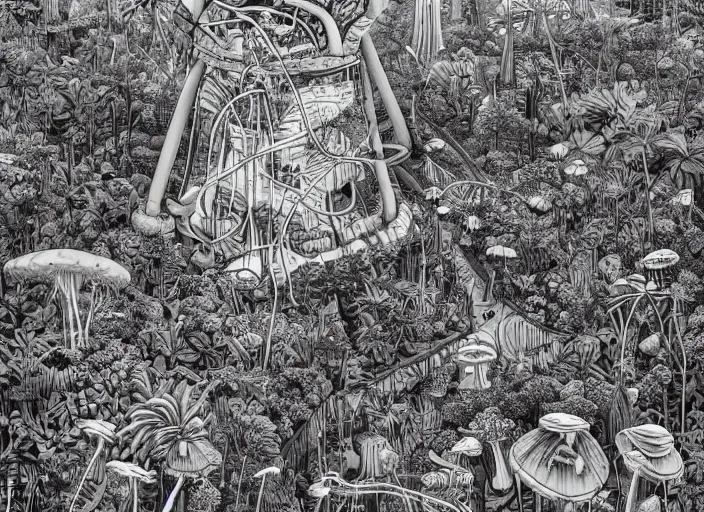 Prompt: surreal line art by ivan ayvazosky and ricardo bofill!!, a lot of jungle flowers and plants + poison toxic mushrooms surrounded by cables + long grass + broken droid + garden dwarf + mystic fog, 5 0's vintage sci - fi style, rule of third!!!!, line art, 8 k, super detailed, top view