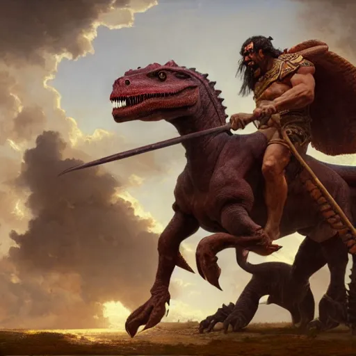 Image similar to Dark Skinned Orc Barbarian slaying a mounted dinosaur in a roman style coliseum, Oil Painting, hyperrealistic, octane render, Detailed Digital Art, RPG scene, William-Adolphe Bouguereau, Michael Cheval, dynamic lighting, Highly Detailed, Cinematic Lighting, 8k, HD